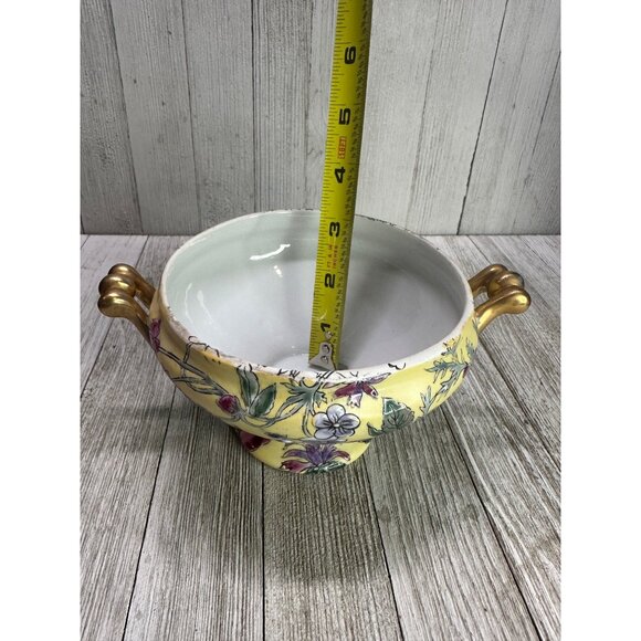 Vtg Chinese Gilding Lidded Trinket Dish 6" Red Stamp Floral Plum Gold Handles - Picture 11 of 11